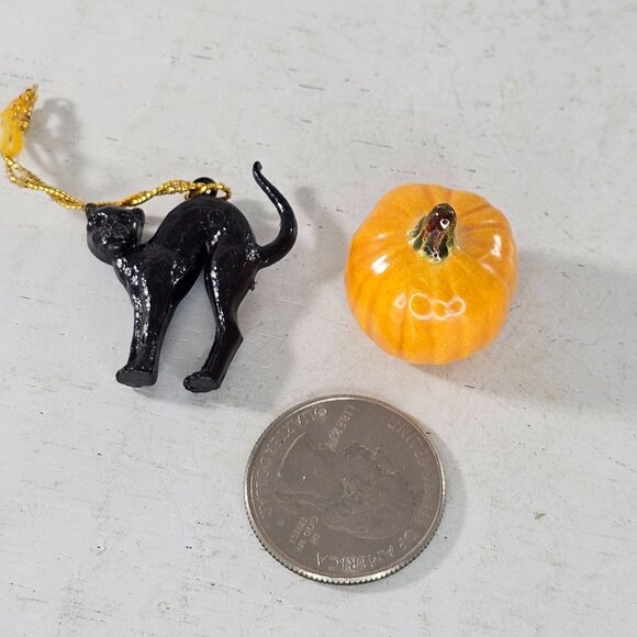 Black Cat Miniature Ornament Orange Pumpkin Bone China Figurines Set Halloween - Picture 2 of 8